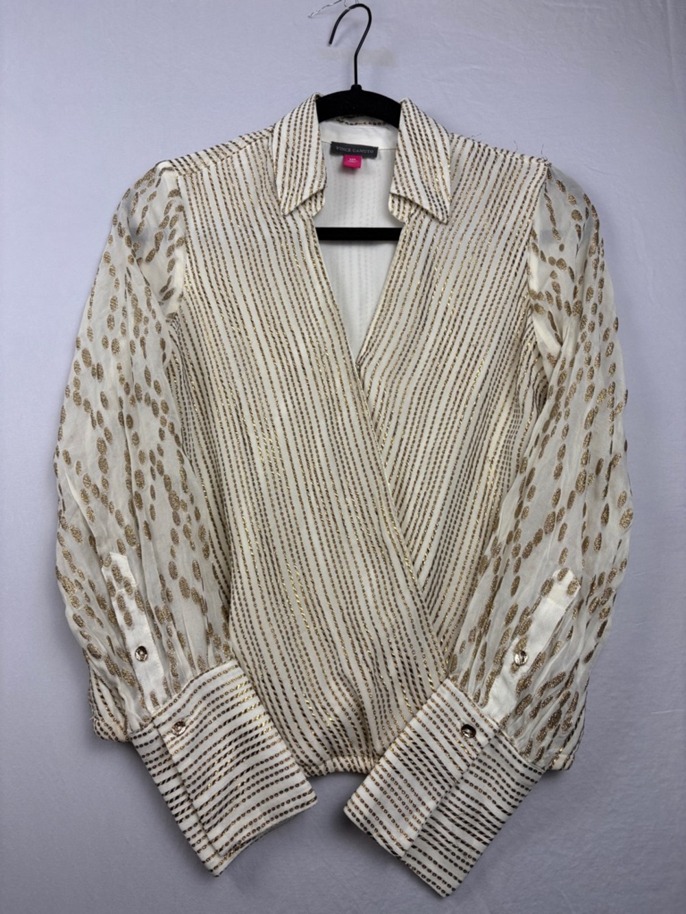 Vince Camuto Blouse XXS White Gold Metallic Stripe Sheer Sleeve Wrap Top Dressy